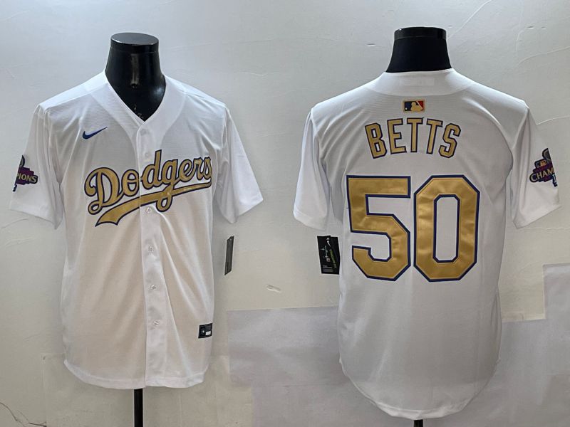 Men Los Angeles Dodgers 50 Betts White Champion gold character 2025 Nike MLB Jersey style 6